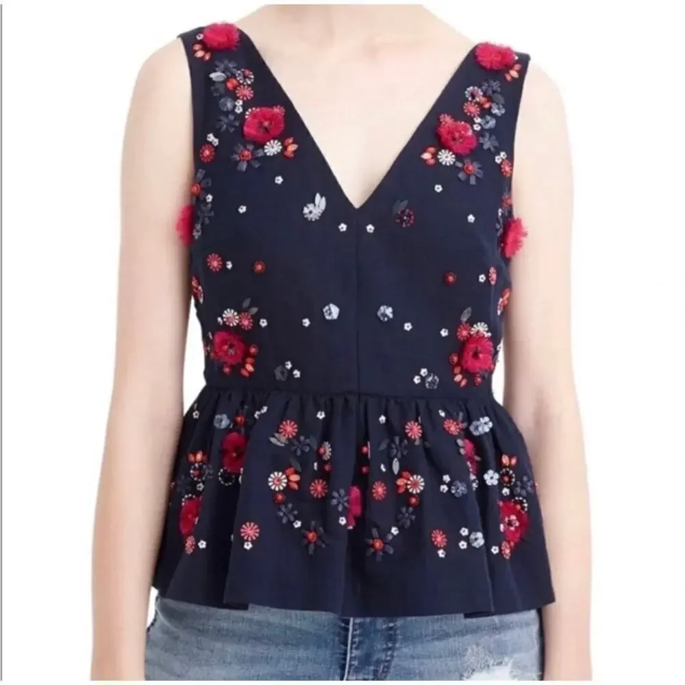 J. Crew Hand-Embellished Beaded Linen Blend Sleeveless Peplum Top Navy Red Sz 00